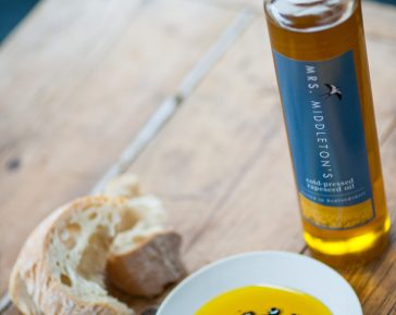 Mrs Middleton’s Cold-Pressed Rapeseed Oil with balsamic vinegar and bread. David Griffen