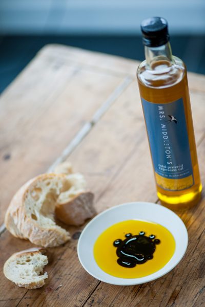 Mrs Middleton’s Cold-Pressed Rapeseed Oil with balsamic vinegar and bread. David Griffen