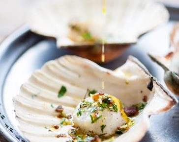 Scallops with pancetta, garlic and Mrs Middleton’s Cold-Pressed Rapeseed Oil. David Griffen