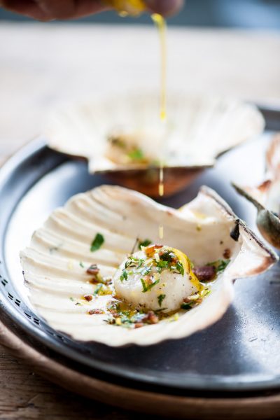 Scallops with pancetta, garlic and Mrs Middleton’s Cold-Pressed Rapeseed Oil. David Griffen