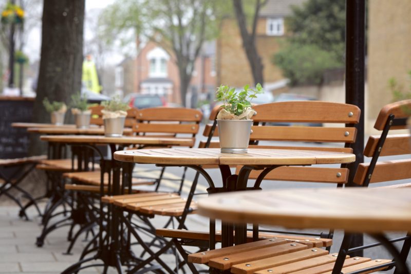 Outdoor seating patio at The Abbeville in Clapham. 