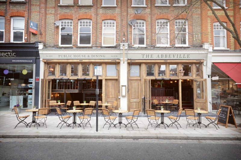 Outdoor seating at The Abbeville in Clapham. 