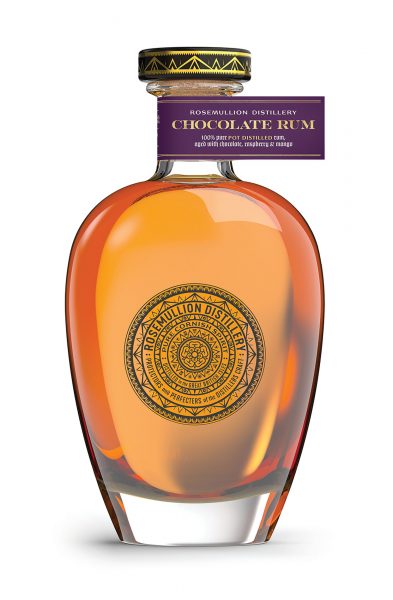 Chocolate rum bottle on white background