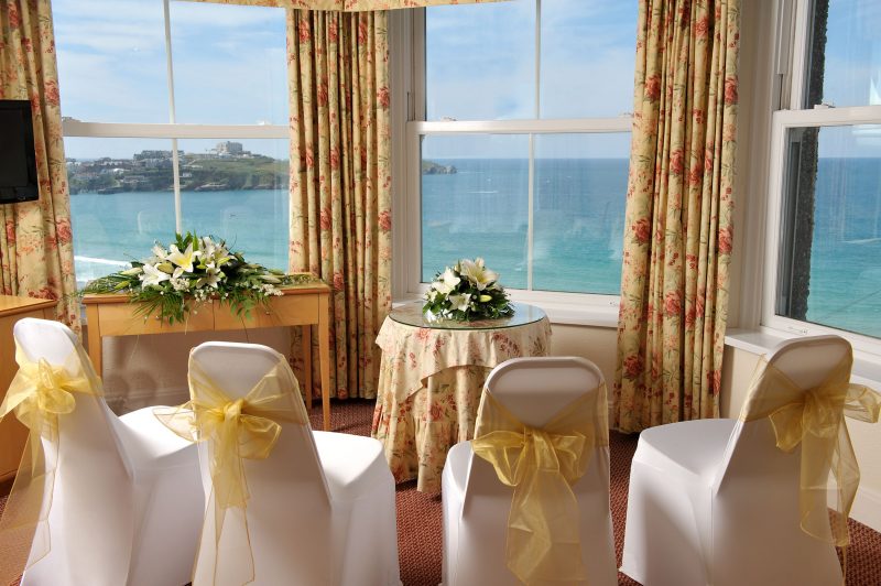 Wedding chair set up with view overlooking the sea.